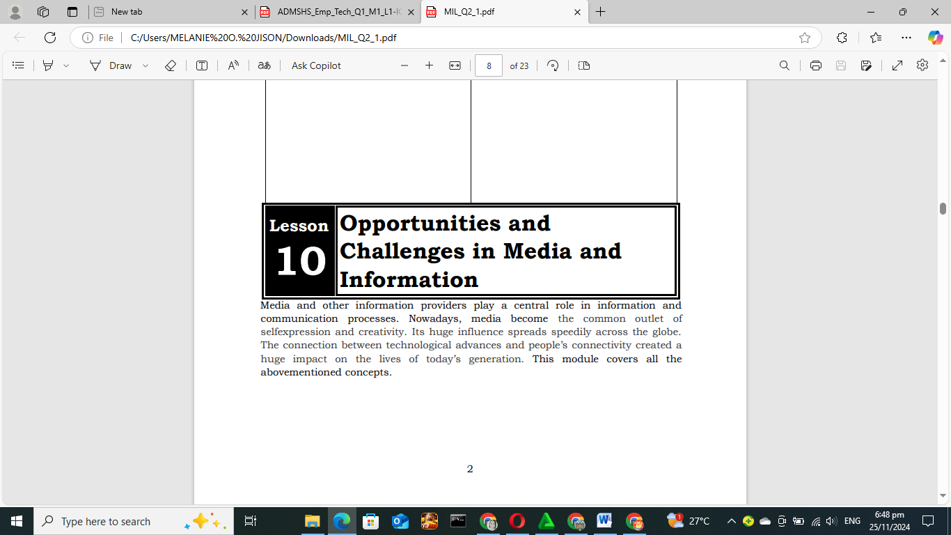 304488_Nueva Vida National High School_Media and Information Literacy_12_Quarter 2_Module 1:Opportunities and Challenges in Media and Information